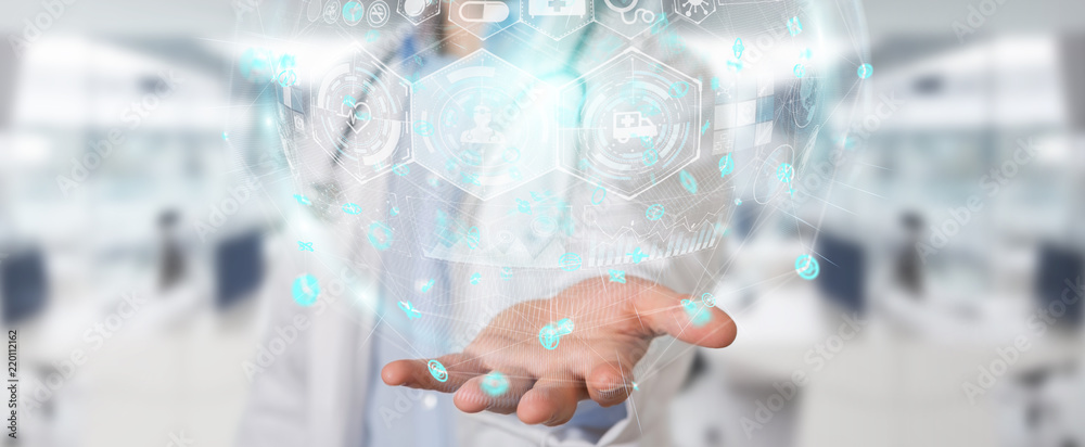 Poster doctor using digital medical futuristic interface 3d rendering