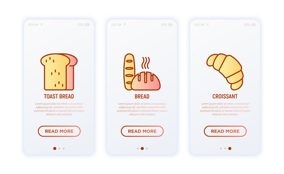 Bakery thin line icons set: toast bread, croissant, loaf of bread. Modern vector illustration for user mobile app.