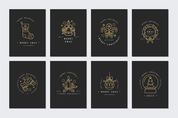 Vector linear design Christmas greetings card on dark background. Typography and icons for Xmas background, banners or posters and other printables .