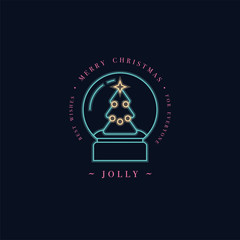 Lovely Merry Xmas concept linear neon design with Christmas ball with snow. Greeting typography compositions Xmas cards, banners or posters and other printables.