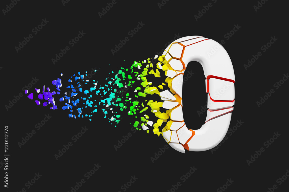 Fototapete broken shattered iridescent alphabet number 0. crushed white and rainbow font. 3d render isolated on