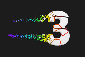 Broken shattered iridescent alphabet number 3. Crushed white and rainbow font. 3D render isolated on gray background.