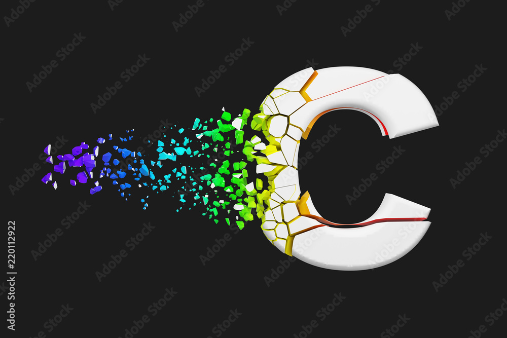 Fototapete broken shattered iridescent alphabet letter c uppercase. crushed white and rainbow font. 3d render i