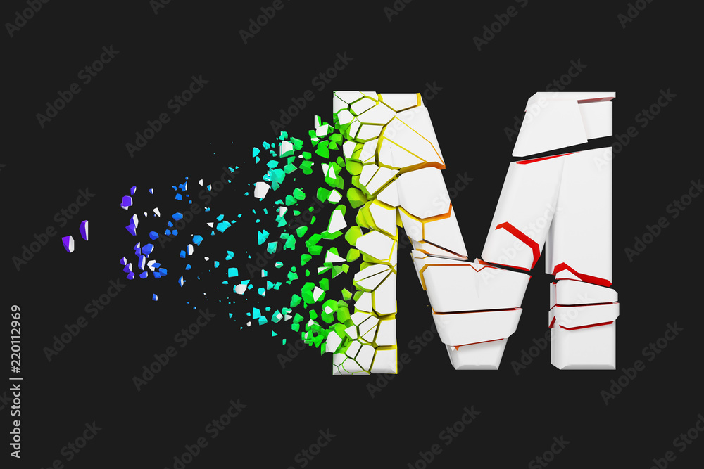 Fototapete broken shattered iridescent alphabet letter m uppercase. crushed white and rainbow font. 3d render i
