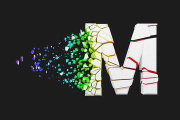 Broken shattered iridescent alphabet letter M uppercase. Crushed white and rainbow font. 3D render isolated on gray background.