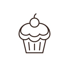 Cherry cupcake linear style icon. Dessert and sweets outline web pictogram. Pastry shop logo isolated on white background. Cafe and restaurant menu design element. Bakery product vector illustration.