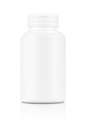 white plastic bottle for supplement product isolated on white background