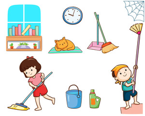 Happy kids cleaning the house vector.
