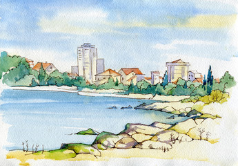 Beautiful watercolor landscape. View of the sea, rocky beach, and seashore. Sevastopol, Crimea.