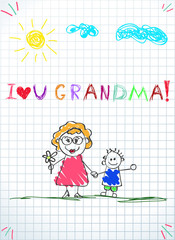 Colorful pencil hand drawn vector illustration of grandmother and grandchild holding hands