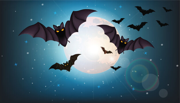 Bats flying at night Vector. Full moon. Halloween concepts