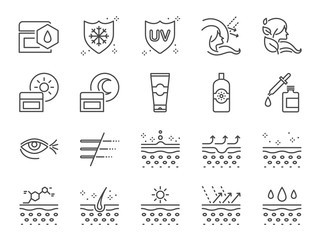 Skin care icon set. Included icons as collagen, medical cosmetic, sunscreen, facial cream, healthy skin, wrinkle and more.