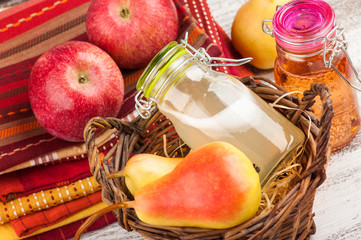 Homemade cider and fruits