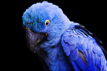 Blue and yellow, endangered Hyacinth Macaw (parrot) on a black background