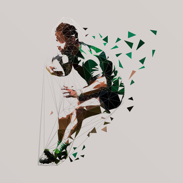 Rugby player running with ball, low poly vector illustration. Team sport athlete