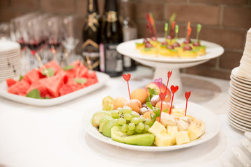 Food Wedding Event Table. Buffet line in Wedding. Delicious appetizer close-up.