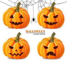 Halloween pumpkin faces set Vector realistic. 3d detailed illustrations