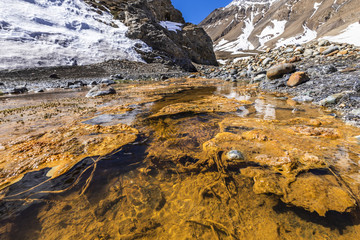 Hot spring waters at Andes mountains in Termas del Plomo at Central Andes in Santiago de Chile an amazing mountain landscape full of colors