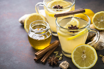 Hot Ginger tea with lemon, honey and spices. 