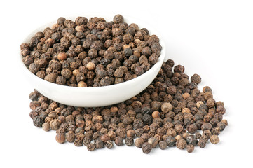 Black pepper peas in a bowl isolated on white background. Full depth of field stacked image.