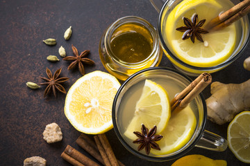 Autumn hot tea with ginger, lemon, honey and spices.