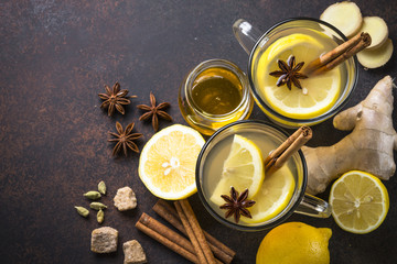 Autumn hot tea with ginger, lemon, honey and spices.