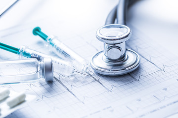 Stethoscope injections pills on the  EKG graph.