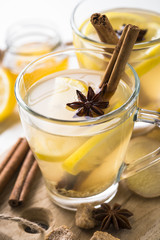 Hot Ginger tea with lemon, honey and spices.