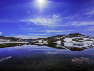 Lake reflecting snow mountain during a fine day
