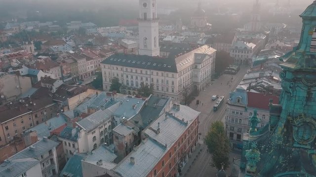 LVOV, UKRAINE. Panorama of the ancient city. The roofs of old buildings. Aerial view