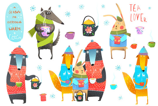 Seasonal winter clip art collection with animals and tea cups.