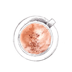 Hand drawn cup of coffee with milk foam and cinnamon, top view. Pencil sketch with watercolor stain milk foam and decor.