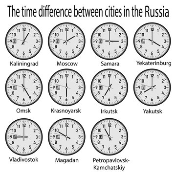wall clock showing time in different cities of Russia