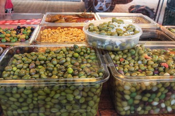 Olives and pickles at a market stall