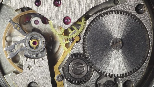 Mechanism of the old wristwatch. Movement of the clockwork pendulum. Macro shot.