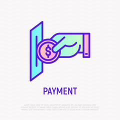 Hand inserting coin in payment slot. Payment for laundry, gaming, purchase. Thin line icon. Modern vector illustration.