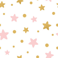 Vector seamless pattern gold pink stars for Christmas backgound or baby shower textile on white