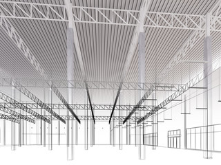 sketch design of interior warehouse, 3d rendering