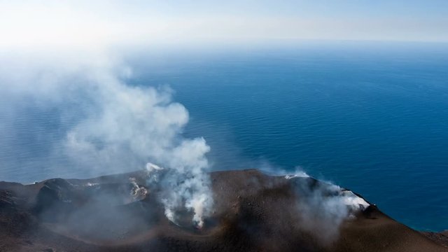 explosion of the Stromboli volcano, like an atomic mushroom, on Aeolian Islands