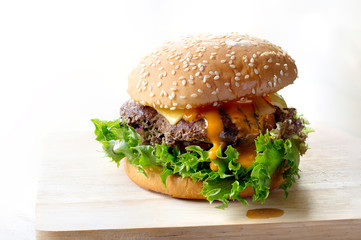 Hamburger on chopping board on color white background