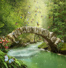 Fantastic bridge in the forest. Photomanipulation. 3D