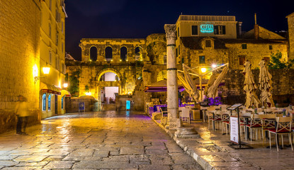Illuminated streets and ancient Roman architecture in Split, Croatia at night © Xiaodong