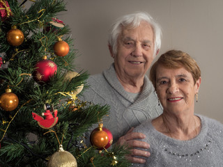 Happy and smiling elderly couple by a Christmas tree