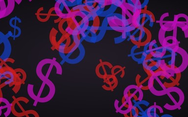 Multicolored translucent dollar signs on dark background. Red tones. 3D illustration