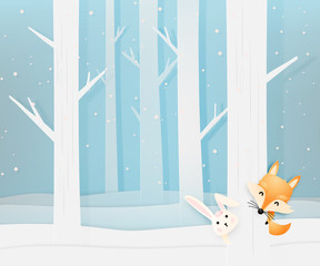 Cute fox in the wood with paper art style pastel scheme