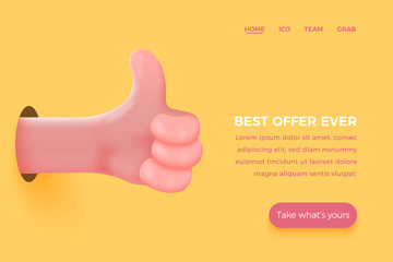 Vector site banner concept - cartoon 3d realistic like, thumb up hand, with place for your text and button. Offer landing page template.
