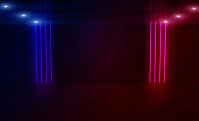 Background of an empty room at night with smoke and neon light. Dark abstract background. Background of an empty show scene