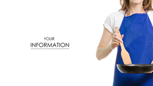 Young woman in hands a frying pan and a wooden spatula pattern on a white background isolation