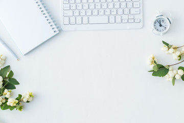 Flat lay desk and branch with green leaves