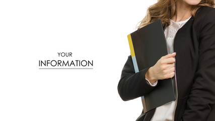 Beautiful young business woman with a folder pattern on a white background isolation